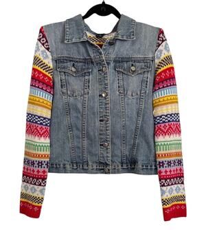 Rubbler Doll Denim Jacket Fair Isle Knit Sleeve Large Boho Festival Layer